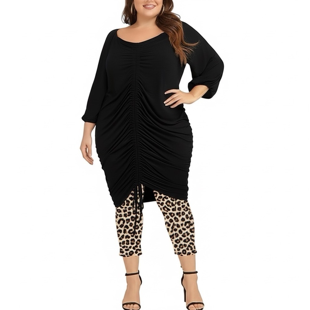 NWT Almost Famous Plus Size Comfy Ribbed & Ruched Dress or Tunic, Black, Size 2X